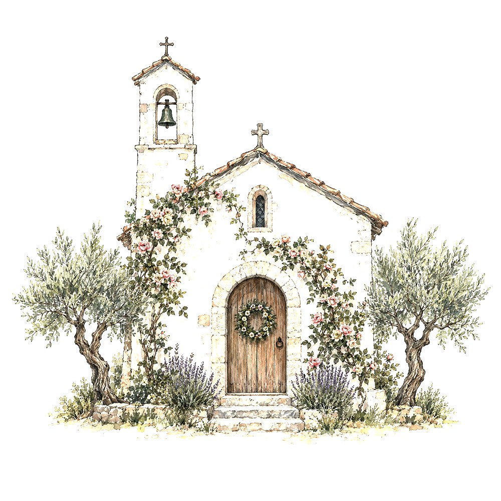 Watercolour of a small white chapel among olive trees